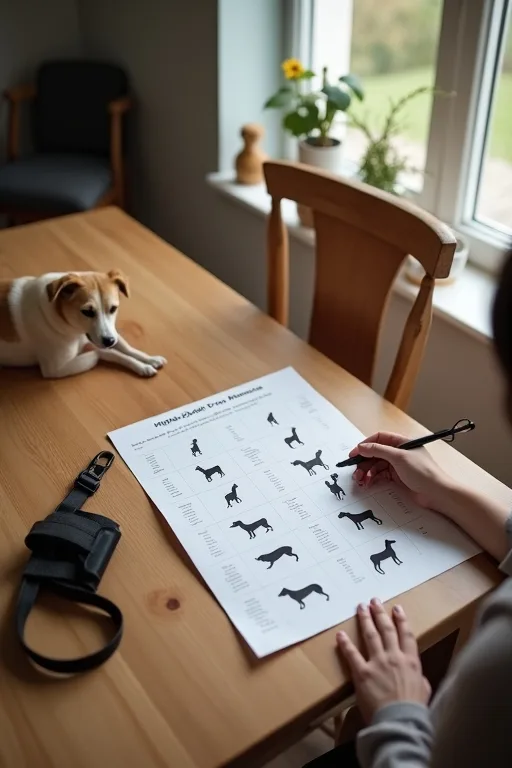 Person som jämför hundraser vid köksbordet med hundsele och koppel bredvid.