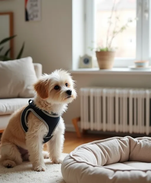 Liten hund med sele och lugn bädd i en lägenhet.