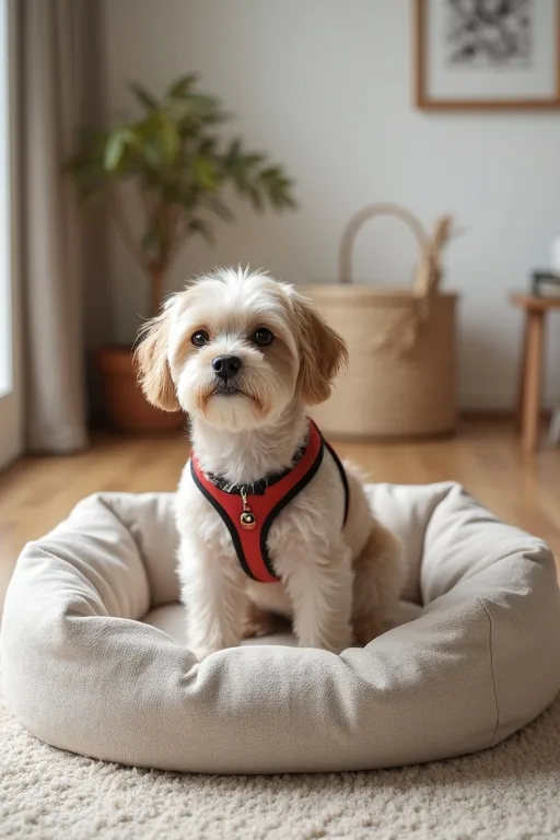 Liten hund i ett vardagsrum med enkel lägenhetsmiljö och lugn känsla.