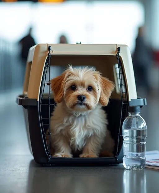 En liten hund i en flyggodkänd transportväska på flygplatsen med vattenflaska och resehandlingar bredvid.