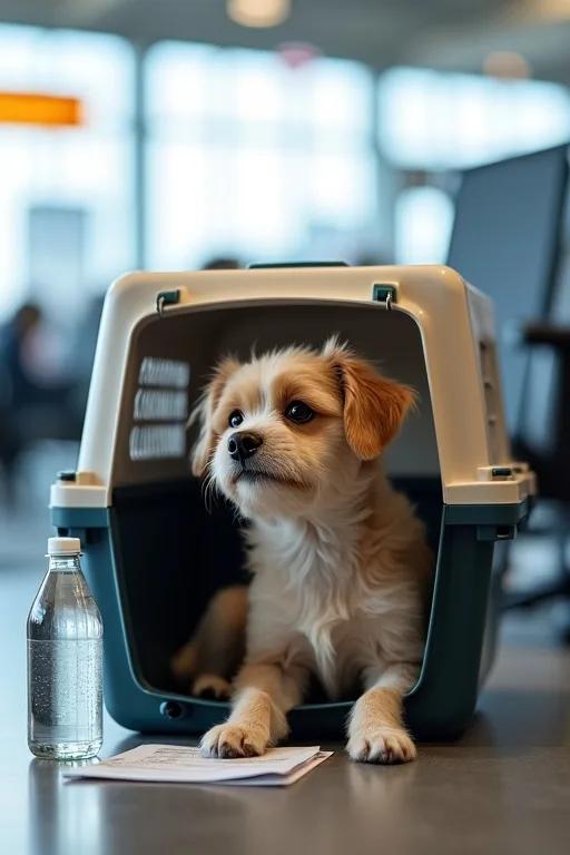 En liten hund vid incheckningen på flygplatsen med resehandlingar och transportväska i lugn miljö.