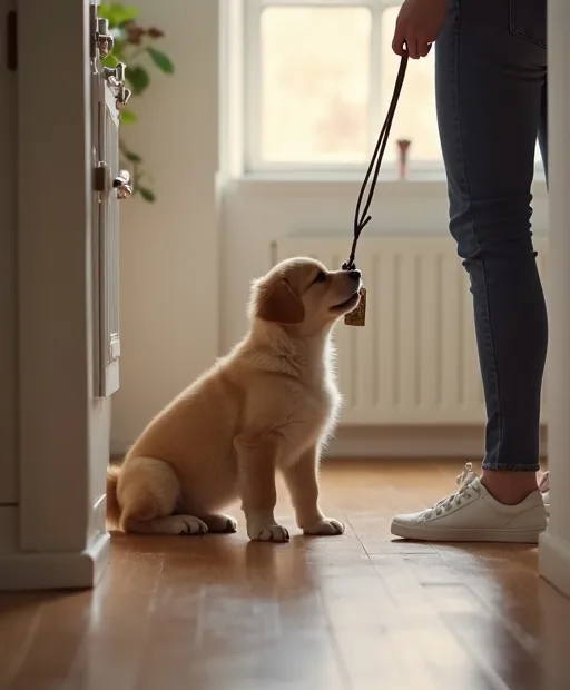 Valp som tränas i koppel hemma i en lugn hall med ägaren bredvid.