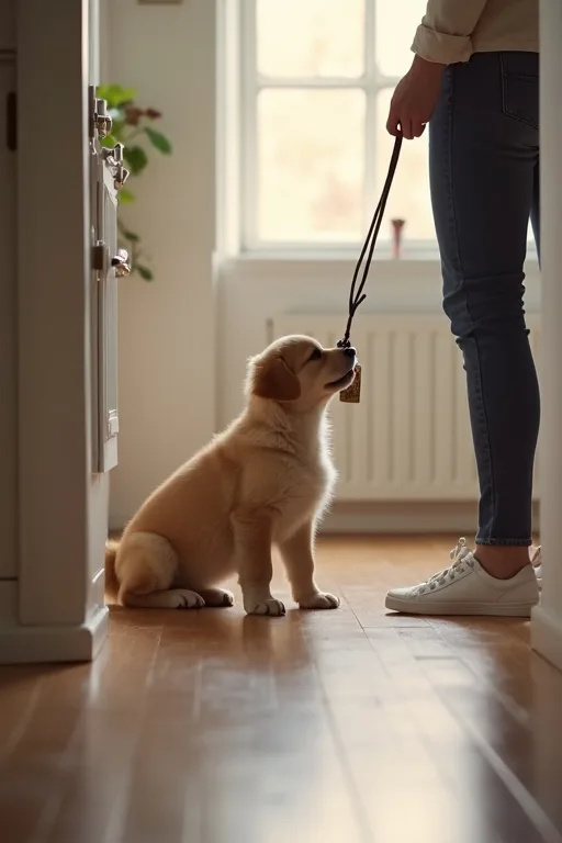 Valp som tränas i koppel hemma i en lugn hall med ägaren bredvid.