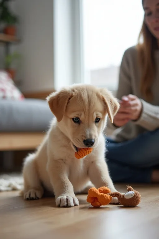 Puppy som tuggar på en anpassad tuggleksak i en lugn vardag hemma.