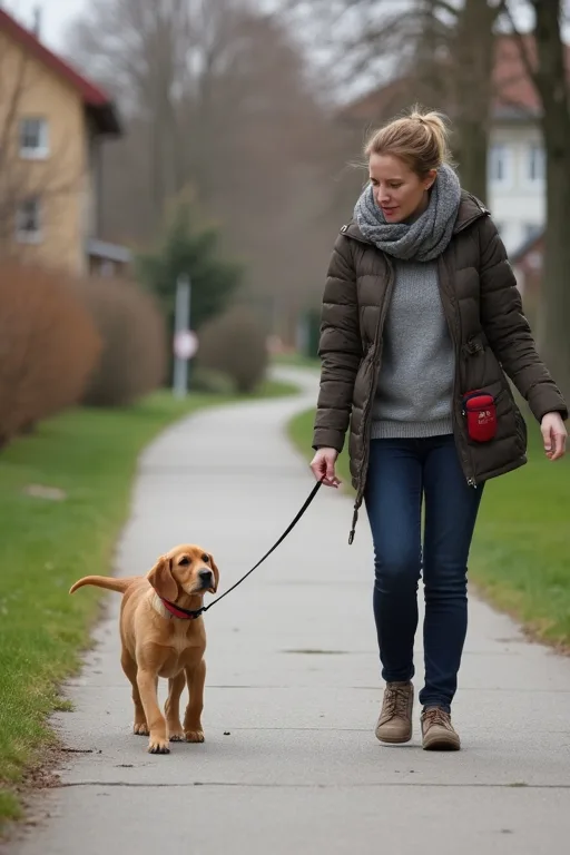 Hundägare med sele och koppel under koppelträning med valp.