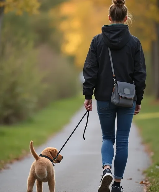 Valp som övar koppelträning med ägare på en lugn promenad