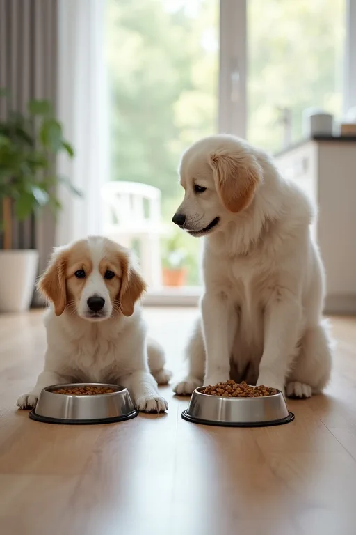 Foderkulor och matskål som visar hur en enkel rutin kan se ut när man byter hundfoder.