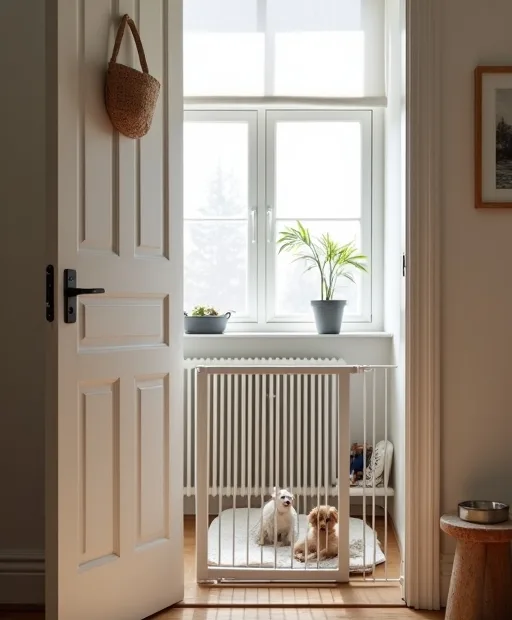 Ett hem förberett inför hund med grind, hundhage och en lugn plats för hunden