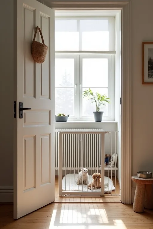 Ett hem förberett inför hund med grind, hundhage och en lugn plats för hunden