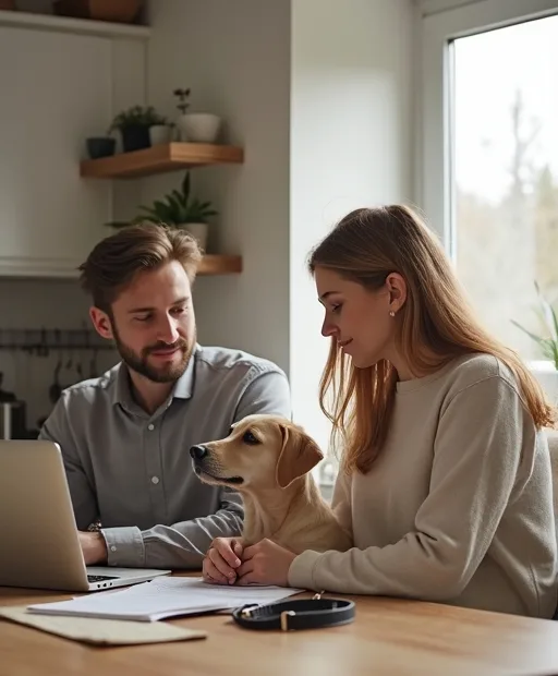 Person som jämför alternativ för att köpa hund eller adoptera vid ett köksbord