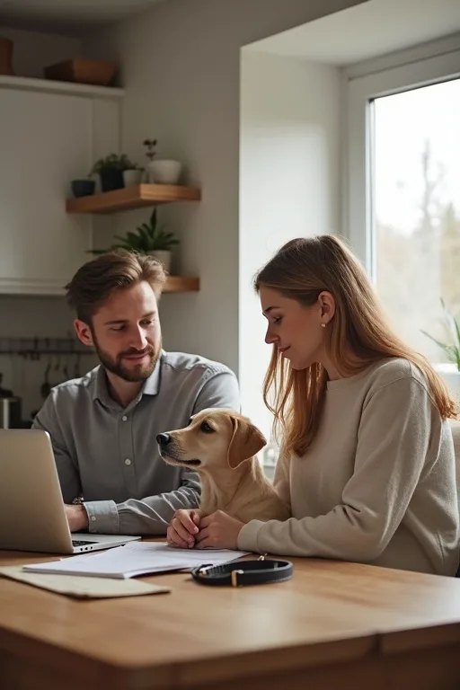 Person som jämför alternativ för att köpa hund eller adoptera vid ett köksbord