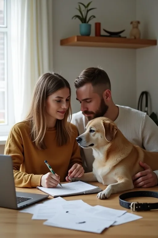 Förberedelser inför ny hund med sele, koppel och anteckningar på ett köksbord