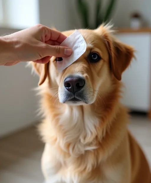 En hund får försiktig ögonvård hemma med en mjuk servett
