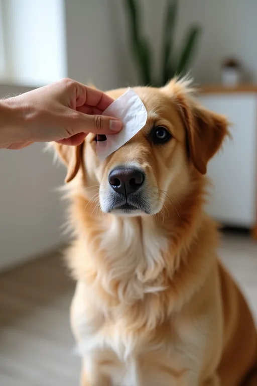 En hund får försiktig ögonvård hemma med en mjuk servett