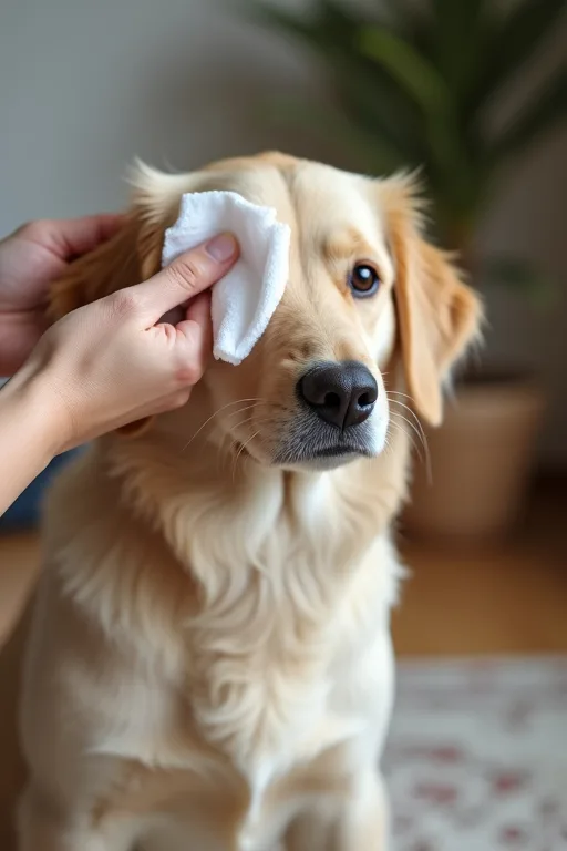Förberedelse för ögonvård med mjuk servett och lugn hund hemma