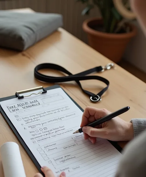 Person som jämför köp eller adoption av hund med en checklista på köksbordet.