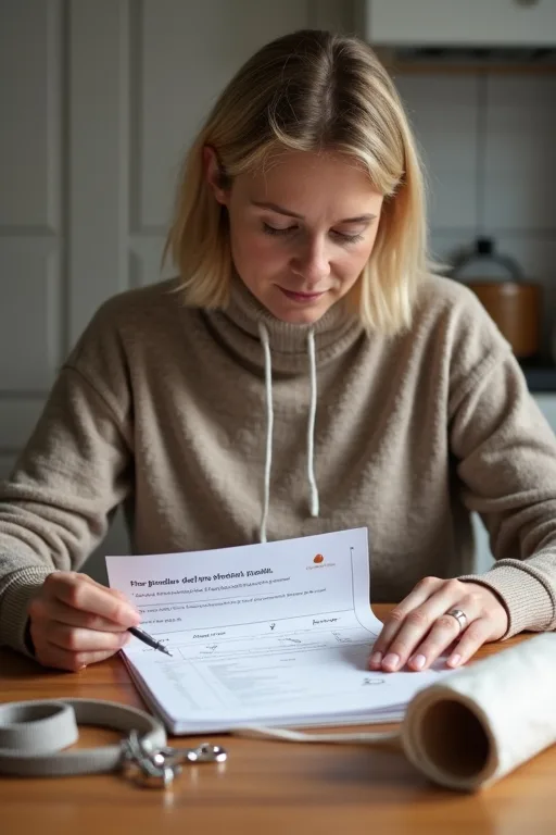 Hundägarens anteckningar om rutiner, träning och ansvar på ett köksbord.