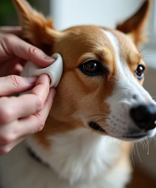 En hundägare rengör hundens öra försiktigt hemma med skonsam öronrengöring.