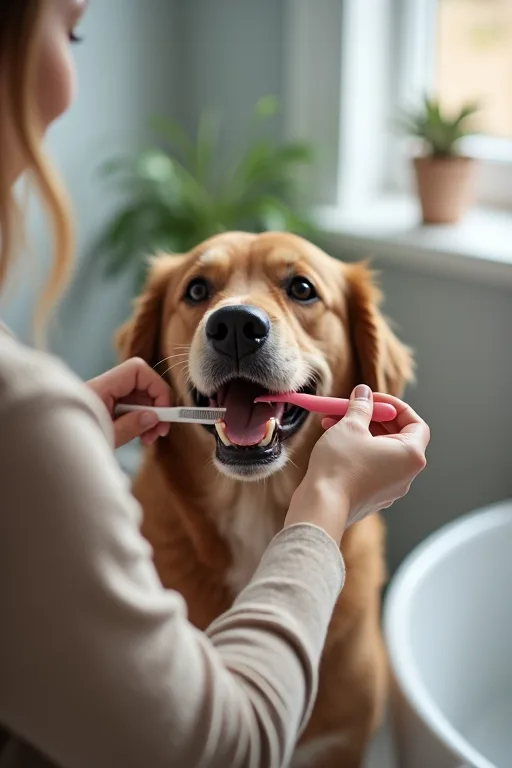 Närbild på hundägare som försiktigt lyfter hundens läppar vid tandkontroll hemma