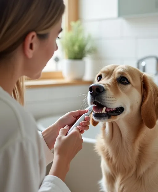 Hundägare borstar hundens tänder hemma med tandborste och hundtandkräm