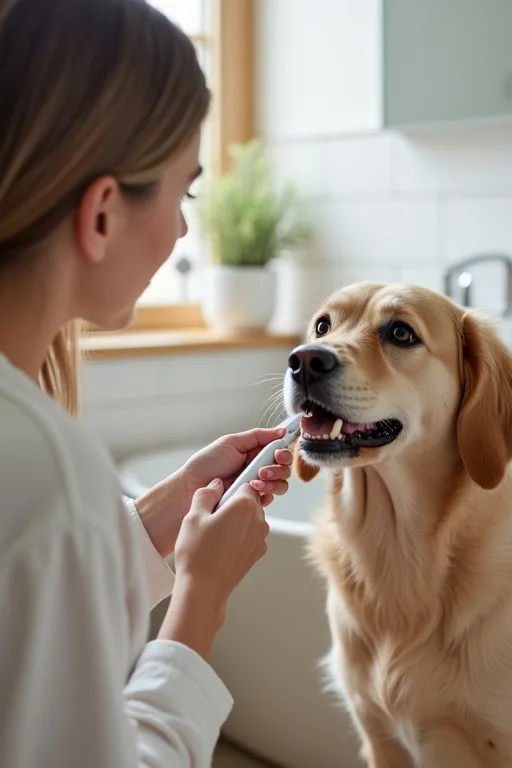 Hundägare borstar hundens tänder hemma med tandborste och hundtandkräm