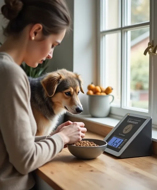 Hundägare som väger upp hundfoder i köket med en digital våg för bättre portionskontroll.