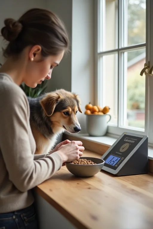 Hundägare som väger upp hundfoder i köket med en digital våg för bättre portionskontroll.
