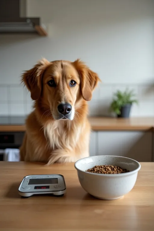 Hundägare som noterar hundens utfodring och mående i en enkel dagbok vid köksbordet.