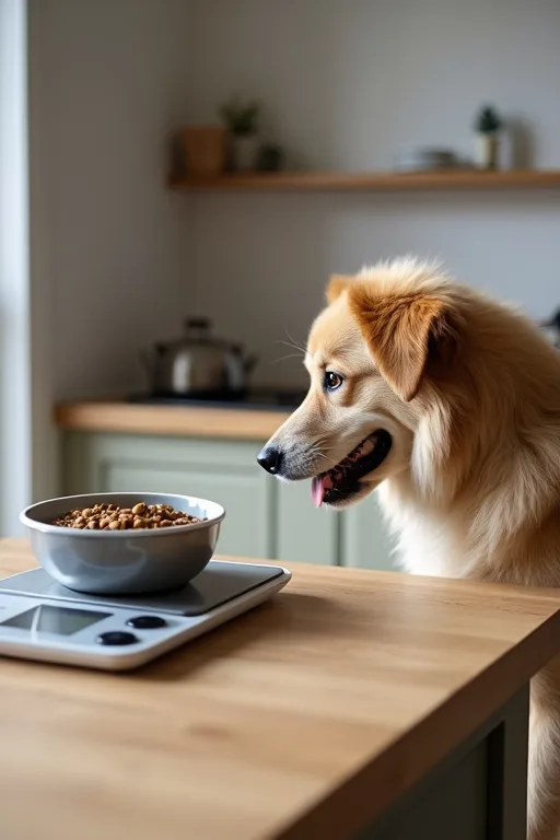 Hund som väntar lugnt vid köksbänken medan maten förbereds i en enkel hemmamiljö.