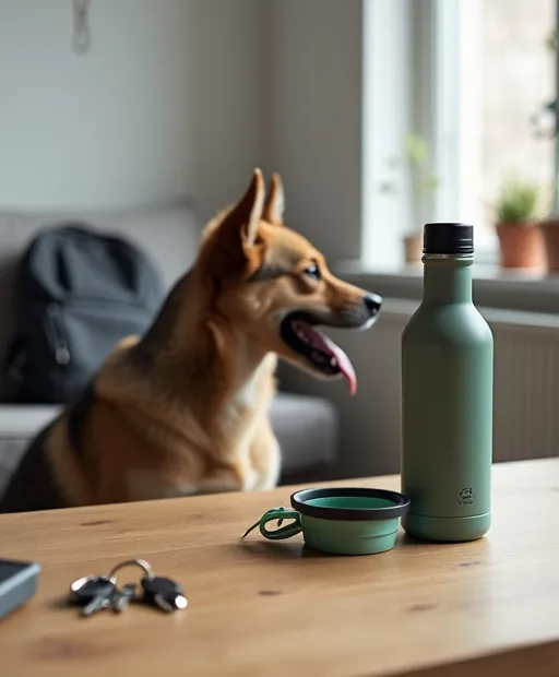 Hundägare packar en vattenflaska och en hopfällbar hundskål inför en resa i Sverige