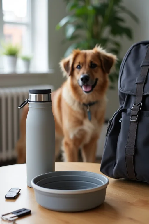 Praktisk vattenflaska för hund på ett bord tillsammans med packning inför resa