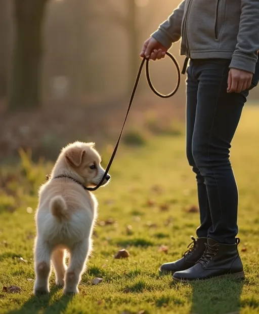 En hundägare tränar inkallning med valp i koppel på en grässtig utomhus.