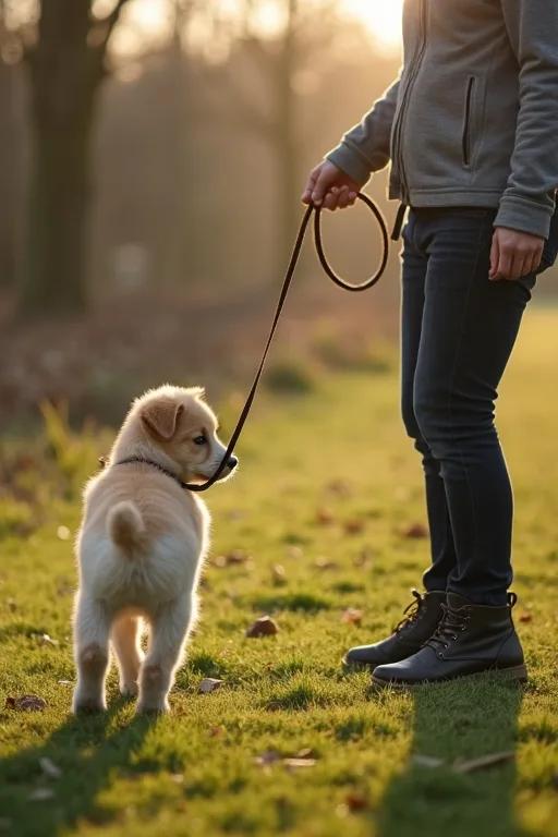 En hundägare tränar inkallning med valp i koppel på en grässtig utomhus.