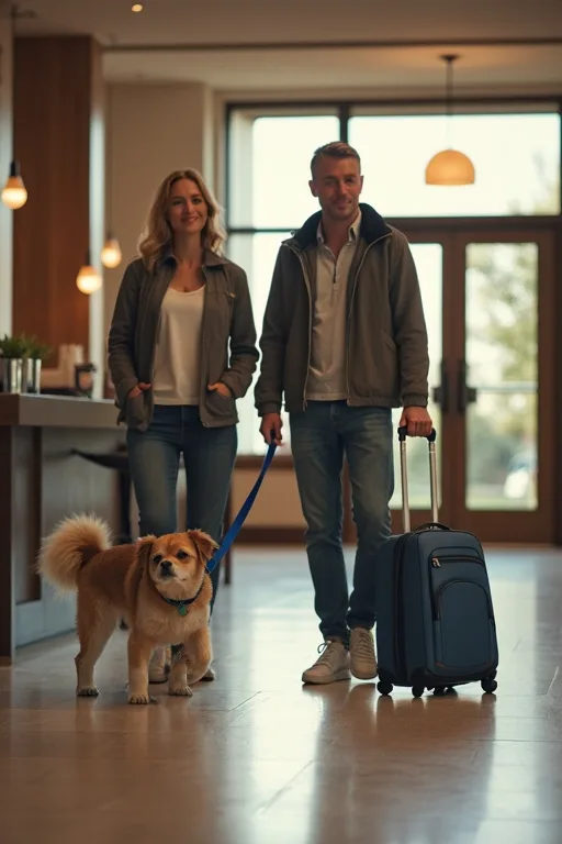 Hundägare och hund i en lugn hotellmiljö med enkel packning för en smidig vistelse.