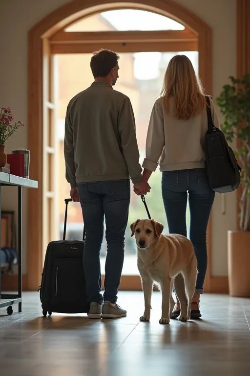 Hund och resebagage i ett lugnt hotellrum anpassat för övernattning med hund.