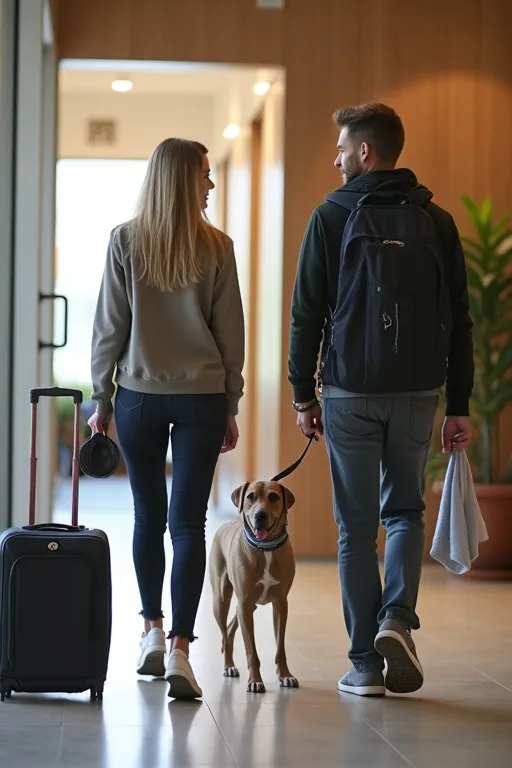 Praktiska saker för hotellvistelse med hund, som skål, handduk och liten resepackning.
