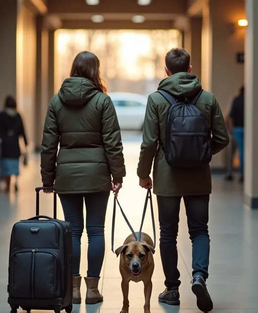 Hundägare checkar in på ett hundvänligt hotell med hund och reseutrustning.