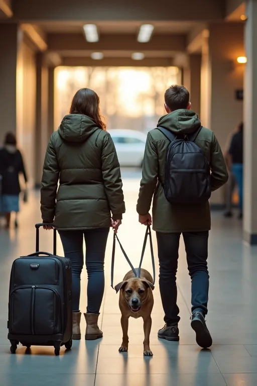 Hundägare checkar in på ett hundvänligt hotell med hund och reseutrustning.
