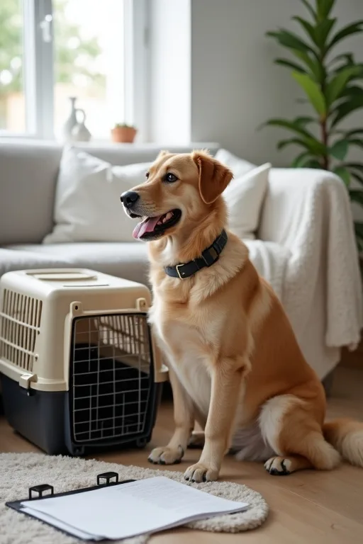 Reseförberedelser med hund på flygplatsen med vattenflaska och dokument nära till hands