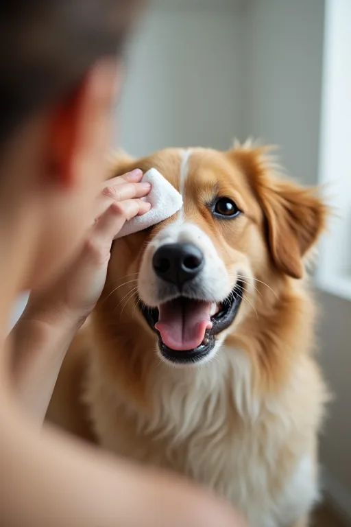 Lugn hund som får skonsam ögonvård i hemmiljö