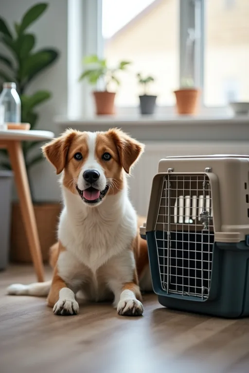 Hundägare går igenom flygregler och resehandlingar hemma inför resa med hund