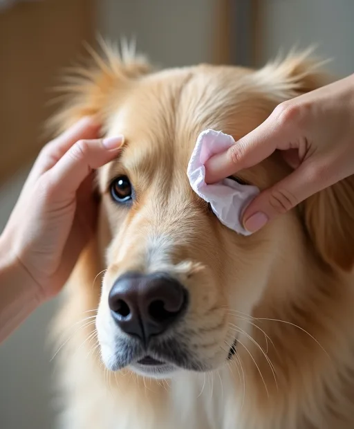 Hundägare rengör försiktigt hundens ögon med en mjuk ögonservett hemma