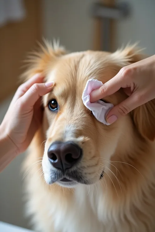 Hundägare rengör försiktigt hundens ögon med en mjuk ögonservett hemma