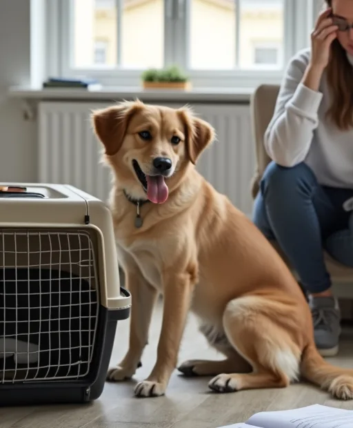 Hundägare förbereder transportväska, vattenflaska och dokument inför flygresa med hund hemma