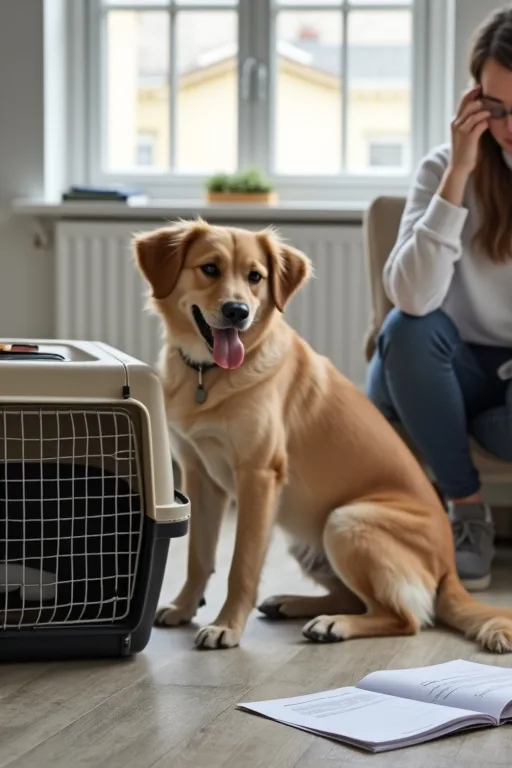 Hundägare förbereder transportväska, vattenflaska och dokument inför flygresa med hund hemma