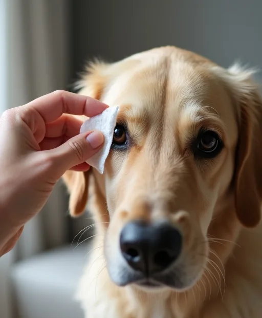 Hundägare som försiktigt rengör hundens ögonområde hemma med en mjuk servett