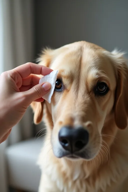 Hundägare som försiktigt rengör hundens ögonområde hemma med en mjuk servett