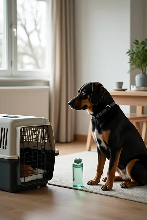 Flyggodkänd transportväska för hund och packade resegrejer inför flygresa