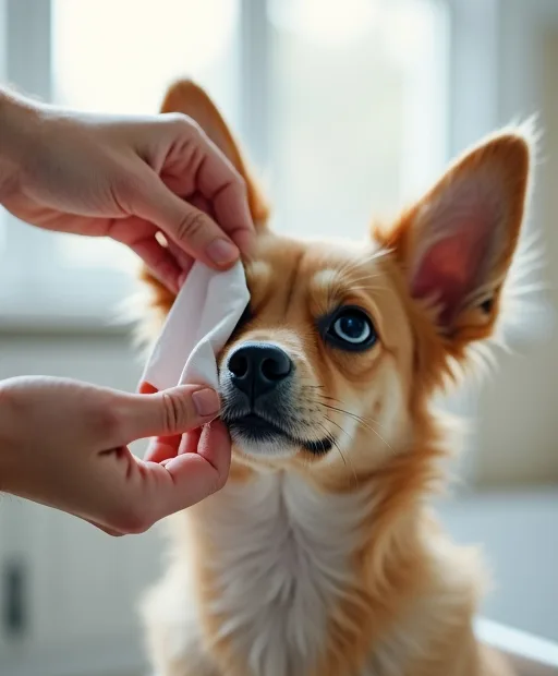 En hundägare rengör försiktigt hundens ögon med en mjuk ögonservett hemma.