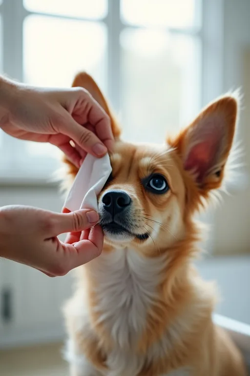 En hundägare rengör försiktigt hundens ögon med en mjuk ögonservett hemma.